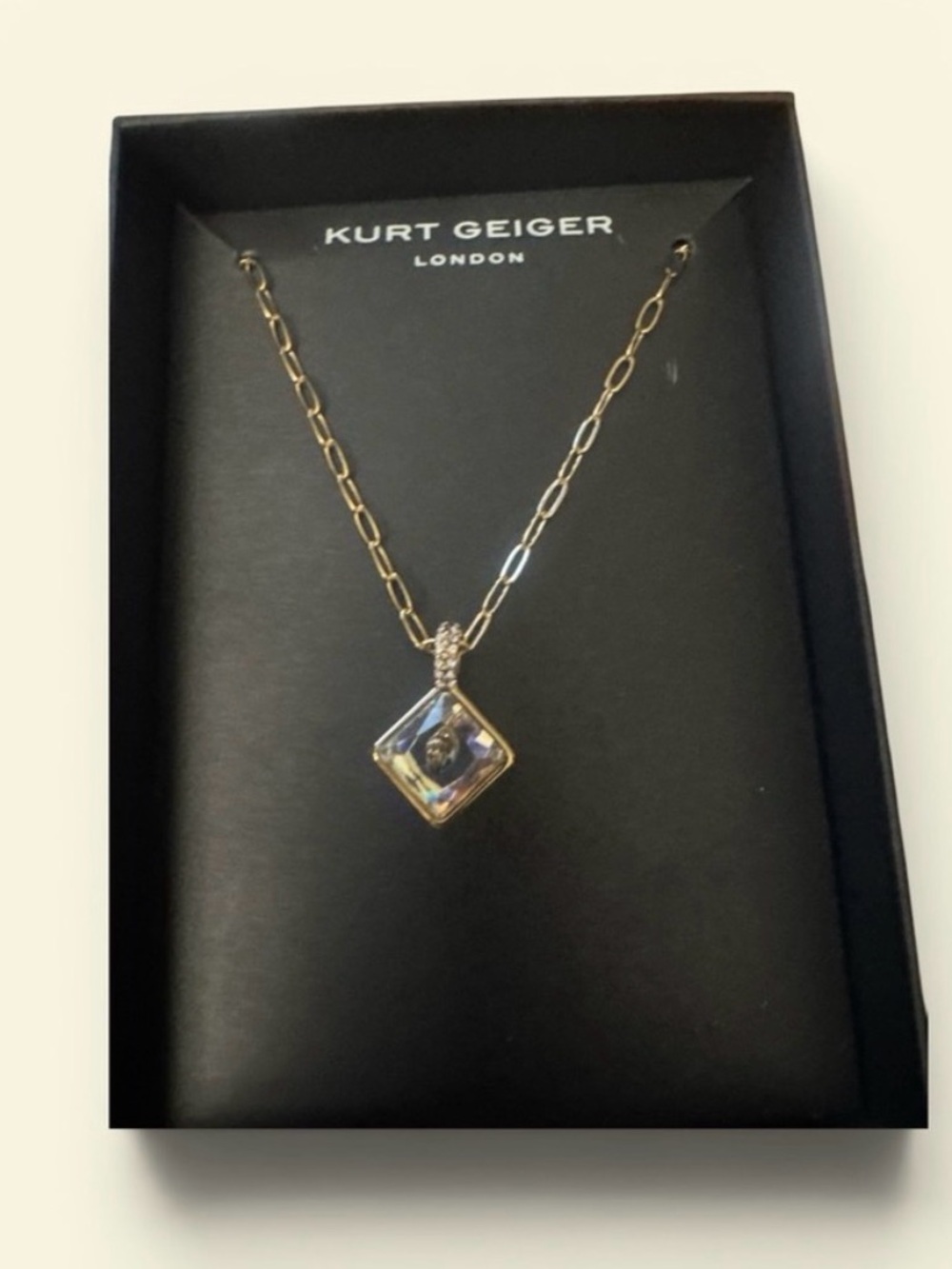 Kurt Geiger Gold-Tone Necklace with Iridescent Square Crystal NIB - Picture 3 of 6